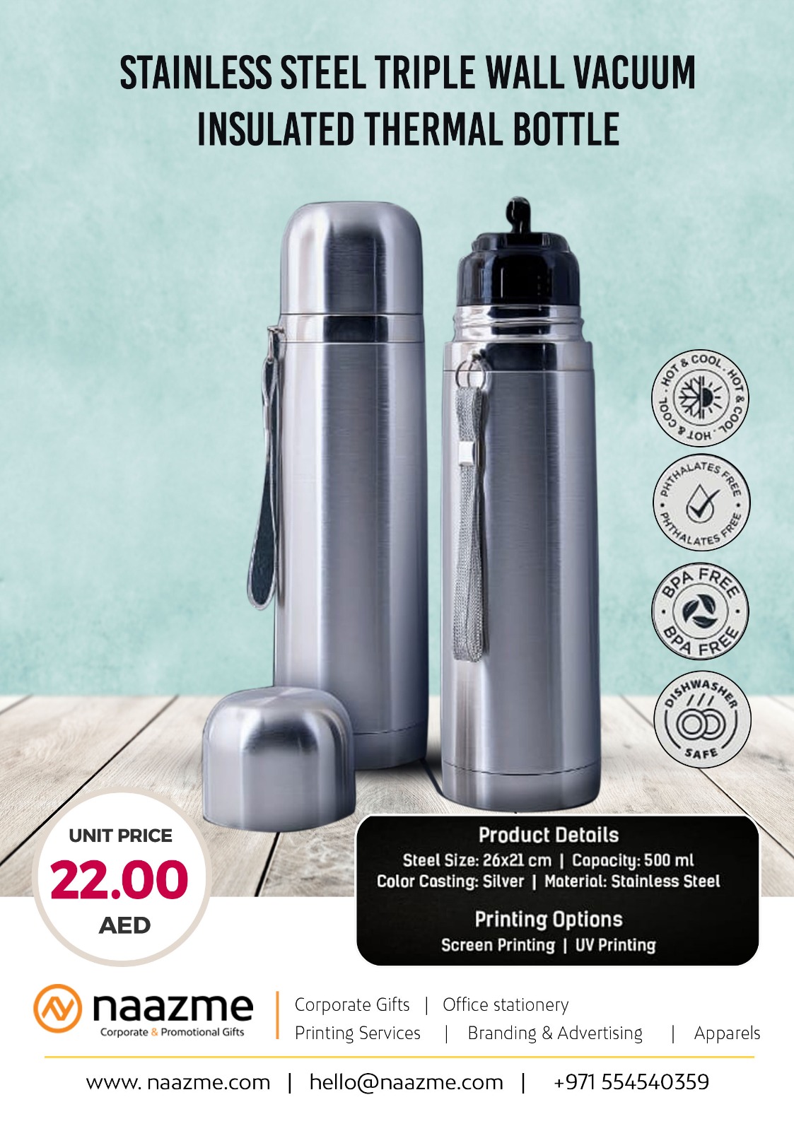Stainless Steel Triple Wall Vacuum Insulated Thermal Bottle